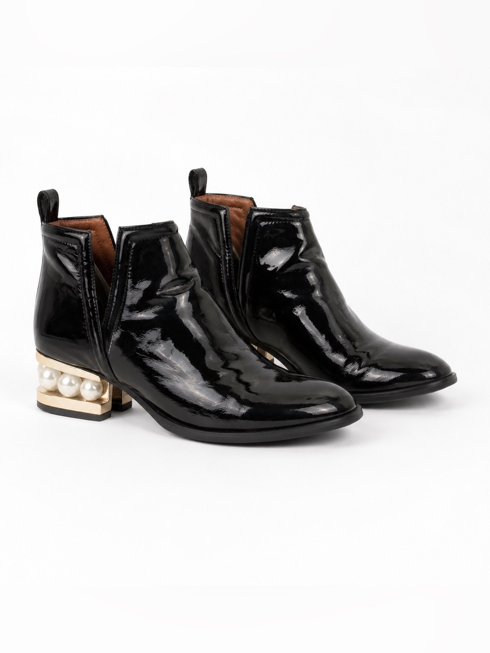 Jeffrey Campbell Black Patent Leather Orlando Pearl Heel Almond Toe Ankle Boots